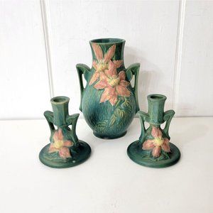 Roseville Clematis Pottery Candleholders and Vase